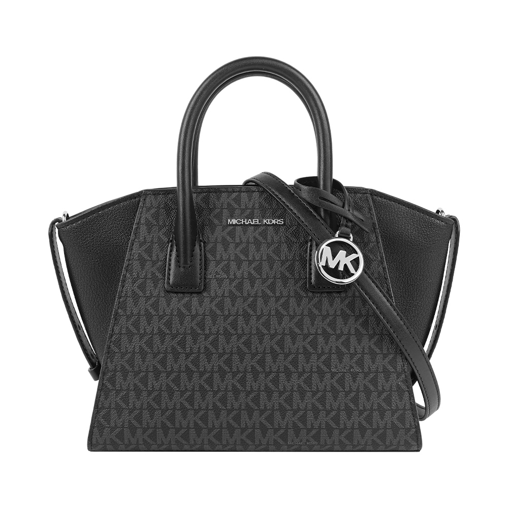 【Michael Kors】Avril Logo 塗層帆布拼皮革銀字小款二用包(黑色)