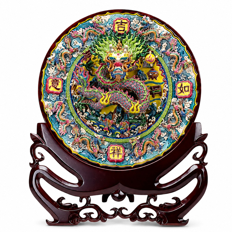 鹿港窯禮品館│頂級藏家孤品│國家級交趾陶大師林智信經典鉅作雕塑雕塑龍盤踞大盤《千禧吉祥如意大九龍盤》