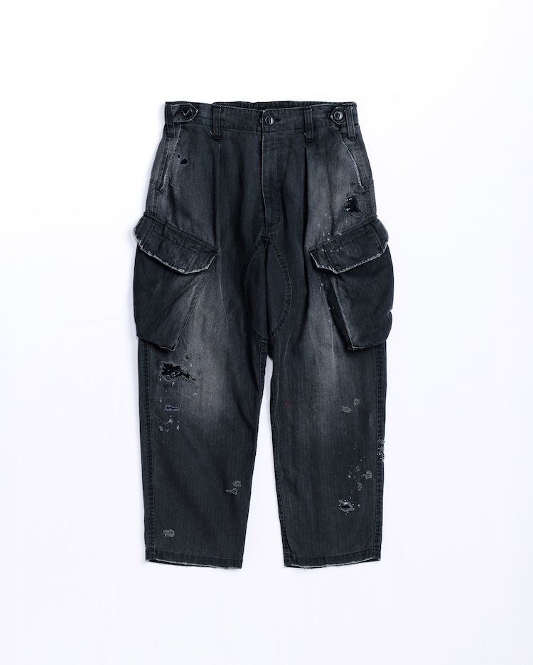 ANACHRONORM - AN414-R REMAKED HERRINGBONE COMBAT CARGO TROUSERS PANTS - BLACK