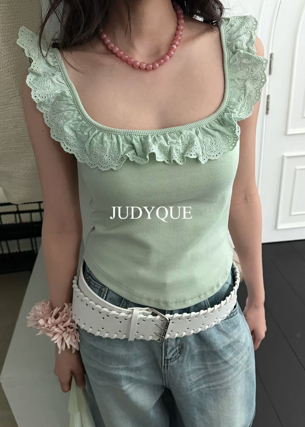 #AJ05方領荷葉BRA背心(白/杏/薄荷/深藍)