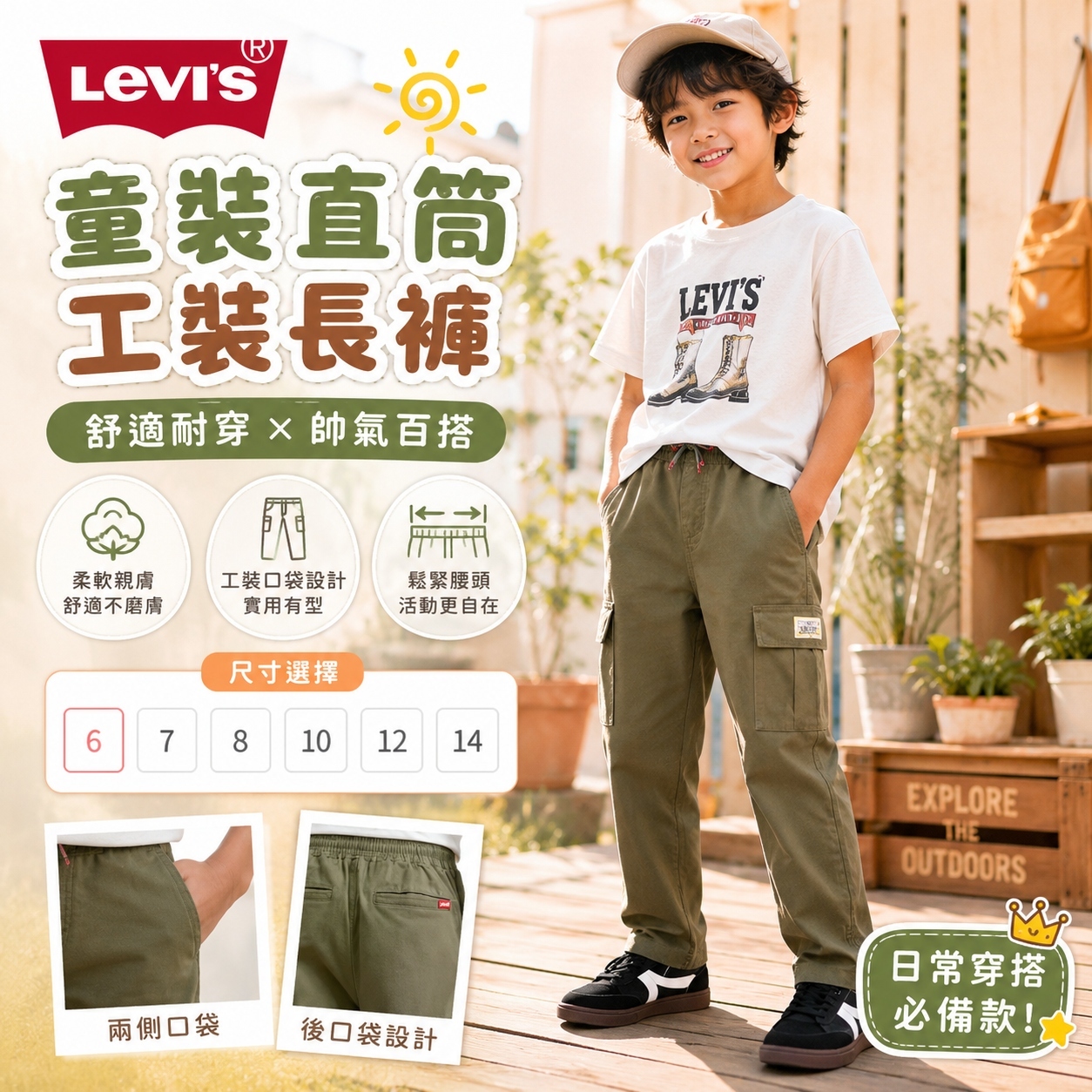 【預購】Levi's H070208  童裝直筒工裝長褲 (軍綠色)