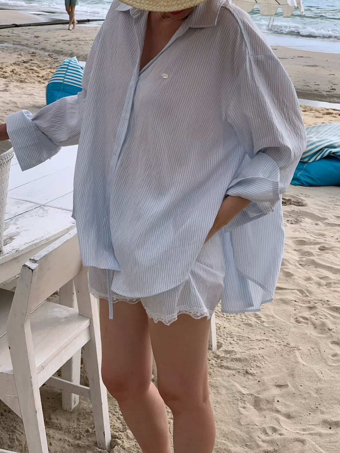 #AJ23微風細條蕾絲短褲SET(淺藍/白)