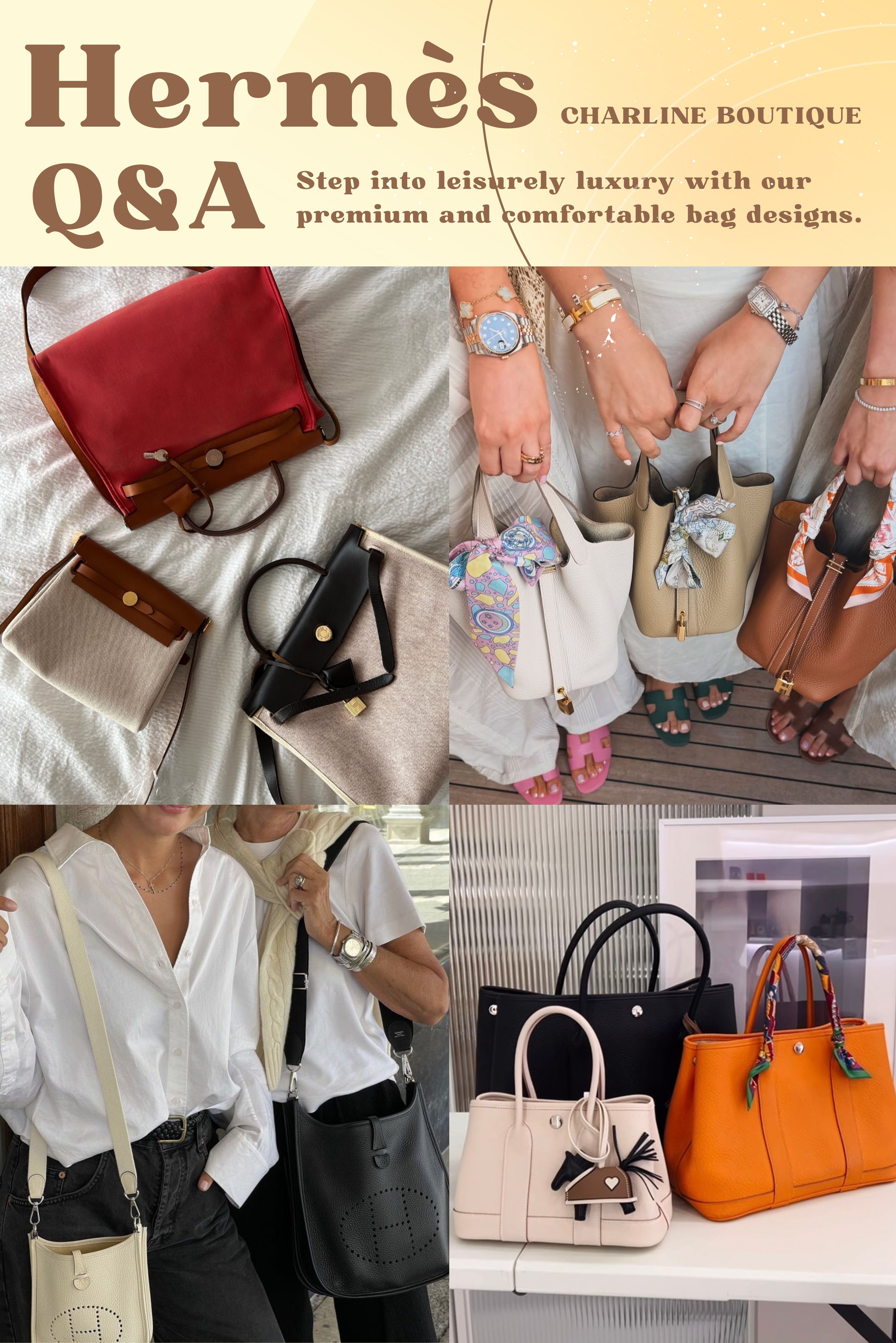 FAQ｜第一次買 Hermès 入門包,最常被問的 10 個問題  看完以上四款明星包,很多人心裡可能還是會糾結尺寸、材質和預算。我們整理了新手最常問的 10 個關鍵問題,從最真實的日常使用角度,幫你快速精準避坑。    Q1：Hermès Herbag 尺寸怎麼選?20、31、39 哪個最實用?  Ａ：Herbag 31 是最不容易出錯的「黃金尺寸」,這是我們在櫃上摸過無數顆包之後的結論。  Herbag Zip 20:精緻可愛的小包,適合小隻女或出門只帶手機、鑰匙、唇膏的輕量派。造型感很強,但實用性相對有限。  Herbag Zip 31:實用度最高,長夾、化妝包、摺疊傘甚至平板都放得下,上身比例在亞洲女生身上剛剛好,通勤逛街都完美。  Herbag Zip 39:大容量,很有中性休閒的率性大包感,放得下 A4 文件和筆電,很適合當公事包或旅行包,但嬌小身形背起來會比較吃力。  第一顆盲選 31 號最安全,最能兼顧視覺比例與裝載能力。      Q2：Garden Party 想背很多年,選帆布還是全皮革比較好?  Ａ：這取決於你的使用情境與保養習慣,沒有絕對的好壞。  帆布拼皮革款:優點是輕盈、價格親民,自帶法式隨性休閒感。缺點是淺色帆布比較怕髒,如果不小心沾到原子筆痕、咖啡漬或被深色丹寧褲染色,清潔起來會非常心痛。  全皮革款(常見為 Negonda 小牛皮):優點是質感高級、沉穩優雅,非常耐磨耐看,進出正式場合或商務開會也撐得住氣場。缺點是價格較高,且裝滿物品後的重量感會比帆布明顯。  想天天輕鬆無負擔地背,選帆布;如果重視耐髒、希望包包挺拔且能背一輩子不後悔,直上全皮革最穩。      Q3：Picotin Lock 18 和 22 該怎麼選?  Ａ：最直觀的判斷方式,是看你的身高比例與日常隨身物品的多寡。  Picotin 18:適合身高 165 公分以下、喜歡輕便精緻感的人。雖然是小號,但日常用的短夾、手機、粉餅都放得下。  Picotin 22:適合身高 165 公分以上,或者出門「一定要帶長夾、水瓶、小平板」的人。22 號內部空間非常寬裕,上身效果更大方、率性,甚至很多男生也會手提這一款。      Q4：Hermès Mini Evelyne 新舊款差在哪?肩帶長度會影響上身嗎?  Ａ：兩者包身容量幾乎沒變,關鍵差異在於「肩帶長度」。  舊款肩帶:長度偏長,一般亞洲女生斜背時,包包很容易掉到腰部以下甚至大腿,視覺上容易顯矮。  新款肩帶:做了優化縮短,斜背時的位置剛好落在腰間,俐落很多,也更符合亞洲人的身形比例。  建議買之前一定要實際試背,光看新舊款標示不一定準。      Q5：Hermès Evelyne 和 Goyard Musette 怎麼選?哪一款更適合日常?  Ａ：兩款都是非常棒的日常斜背包,但風格截然不同。  Hermès Evelyne:適合喜歡低調、注重頂級皮革手感的人。沒有誇張的 Logo,純粹靠皮革質感與經典的鏤空 H 孔彰顯低調奢華,越背越有復古的馬具味道。  Goyard Musette:適合喜歡極致輕便、熱愛辨識度老花的人。塗層帆布材質非常輕,完全不怕水不怕髒,街頭潮流感與休閒旅行感更強。  想買一顆質感無敵、能背很多年的經典款,選 Evelyne;想要日常隨手一抓、風吹雨淋都不心疼的輕便逛街包,選 Goyard。      Q6：男生背 Hermès 會不會太女性化?  Ａ：完全不會,現在的精品穿搭早已打破性別框架。  推薦款式:線條俐落、大尺寸的包款,例如 Evelyne 29、Garden Party 36、Herbag 31,或更有氣場的 HAC(Haut à Courroies)、Birkin 40/45、Hac à Dos 後背包。  顏色與材質:優先考慮黑色(89 Noir)、大象灰(18 Etoupe)、深藍色或大地色;材質選擇帶有自然顆粒紋理的 Togo 或 Clemence 皮革,厚實粗獷又耐磨。  像知名球星哈蘭德(Erling Haaland)就經常拎著大號的 HAC 亮相,那種運動員的鬆弛感與旅行氣場真的很有說服力。      Q7：男生第一次買精品包,哪種包最不容易出錯?  Ａ：秘訣就是四個字:百搭實用,顏色鎖定黑色、深色系,材質以霧面、耐磨為主。  輕便出門:LV Outdoor 郵差包、Loewe Puzzle Mini、Dior Saddle 馬鞍包。  出差/旅行/運動:LV Keepall 或 Gucci Duffle 手提袋,許多知名球星如 C 羅、Malo Gusto 都是這類大包的忠實粉絲。  通勤工作/愛馬仕入門:首推 Hermès Garden Party 36、Evelyne 29 或 Herbag 31,搭配簡單的素 T、襯衫與西裝外套,質感立刻拉滿,絕不出錯。      Q8：Hermès 入門包需要「配貨」嗎?專櫃直接去買得到嗎?  Ａ：入門包款通常沒有 Birkin、Kelly 那樣的高門檻,但也不代表隨便走進專櫃就能現買現走。  Picotin 18、Evelyne Mini、Herbag 31 這些超級大熱款,即便是入門級,專櫃的庫存也經常處於供不應求的狀態。愛馬仕官方從來沒有公開所謂的「配貨比例」,每間門市、每個地區甚至每個銷售顧問的狀況都不同。有時候運氣好能碰上剛好到貨的零配包,但更多時候需要等待,或是需要透過累積一些絲巾、配飾等消費紀錄來建立關係。  新手入門,與其花大把時間在專櫃碰運氣、排隊排到心累,直接找我們代為尋貨會有效率很多。我們會根據你的預算與喜好,精準幫你物色心儀的款式,把時間留給享受擁有新包的快樂,有興趣的話歡迎加 LINE(https://lihi1.com/y4xM8)跟我們聊聊你想找的款式。          Q9：Hermès 要選黑色、金棕還是大象灰最耐看?  Ａ：這三個顏色就是愛馬仕大名鼎鼎的「三大金剛色」,閉著眼睛買都保值且絕不退流行。  黑色(89 Noir):最安全、氣場最強。配金釦經典貴氣,配銀釦冷冽俐落,職場主管或極簡風穿搭的首選。  金棕(37 Gold):最具品牌精神的代表色,特有的白色對比縫線非常吸睛,溫潤有溫度,跟白襯衫、丹寧褲或駝色大衣是絕配。  大象灰(18 Etoupe):介於灰與棕之間的知性高級色,同樣帶有品牌招牌的白色縫線,比黑色柔和、比金棕冷靜,不挑季節也不挑膚色,一年四季都好搭。      Q10：Hermès 皮件選 Epsom 皮革好嗎?會不會比較耐刮?  Ａ：Epsom 皮革非常適合新手,尤其是卡夾、短夾以及像 Kelly、Constance 這類需要線條硬挺的包款。  優點:壓紋小牛皮,表面有細緻的紋路,抗刮、耐磨、重量輕、不易變形,包身顏色飽和度也特別漂亮,日常使用相對好照顧。  缺點:觸感偏硬,少了 Togo 或 Clemence 皮革那種自然軟糯的溫潤手感,此外如果邊角長期磨損嚴重,修復難度會比軟皮來得高。  喜歡包包永遠維持挺拔、俐落形狀的人,選 Epsom 準沒錯;喜歡皮革隨著使用時間留下獨特柔軟痕跡的人,建議選 Togo。