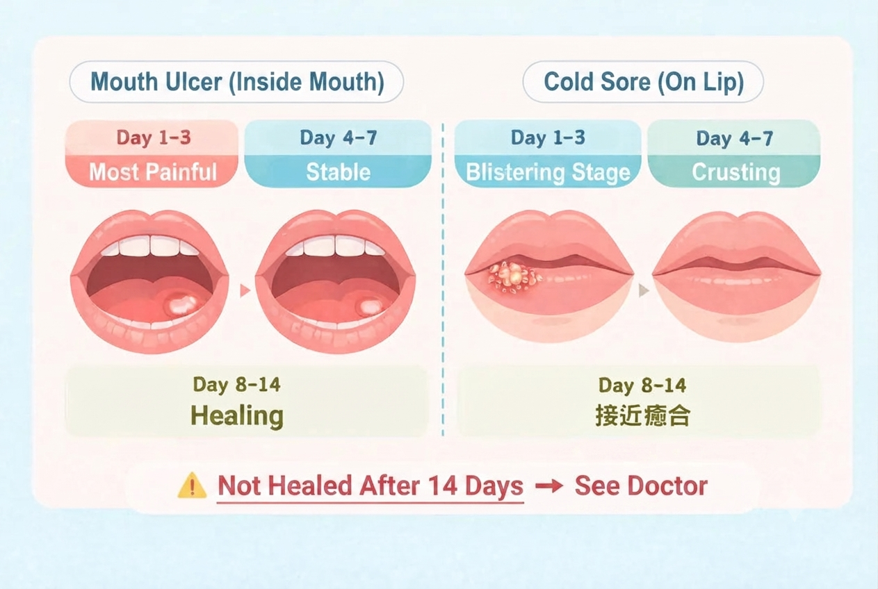 Healing timeline chart for mouth ulcers and cold sores showing recovery stages from day 1 to day 14.