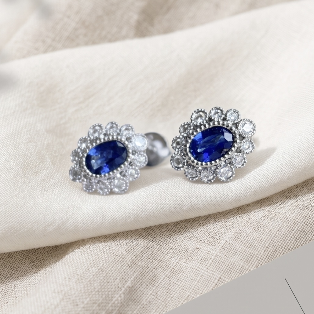 18K Gold Royal Blue Sapphire setting with Diamonds Earrings - Oval cut