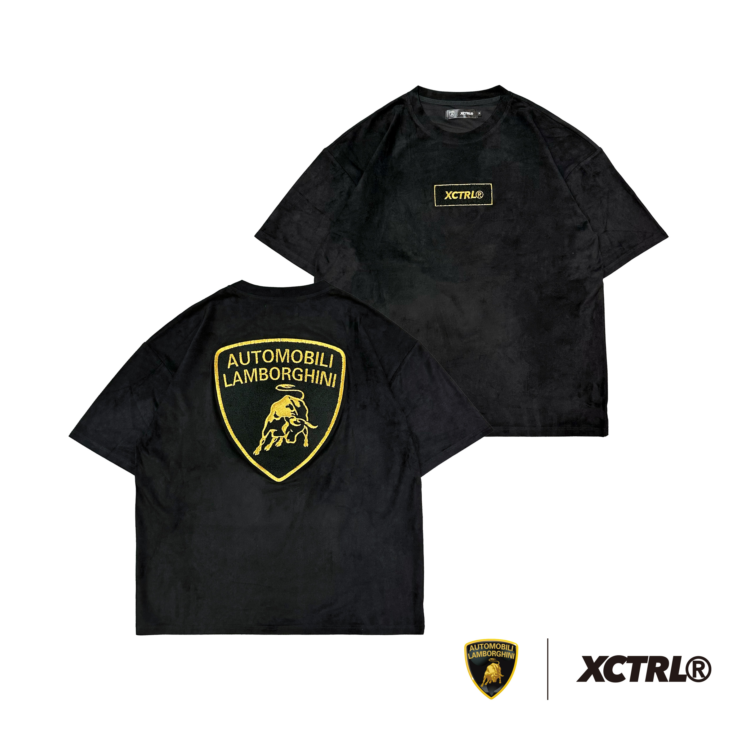 XCTRL®┃Lamborghini 毛巾繡標誌寬版短T-黑┃麂皮絨 金線繡花設計