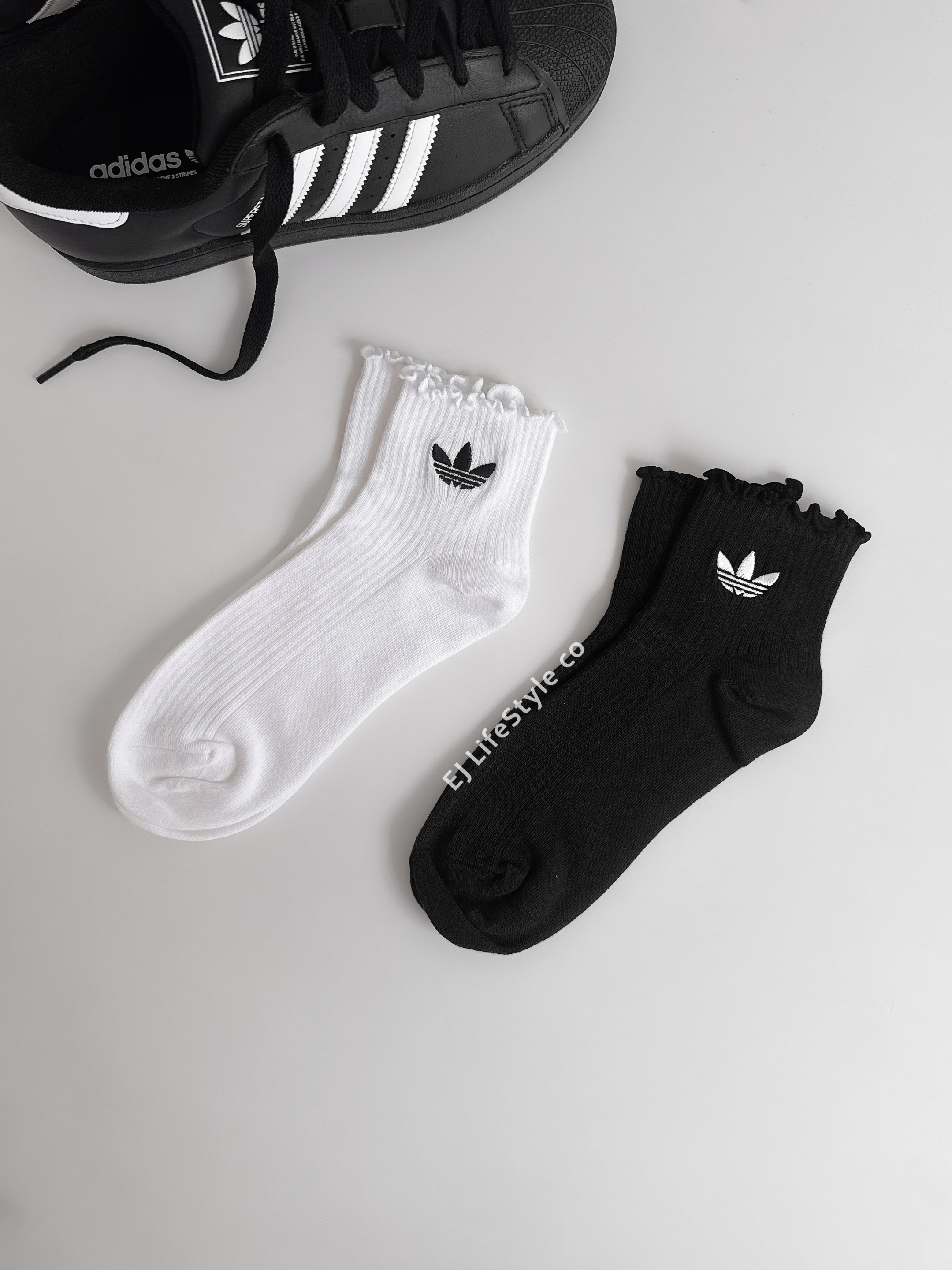ADIDAS 三葉草 黑白 荷葉邊 低筒襪 襪子 一組二入 KD8367 / 現貨+調貨