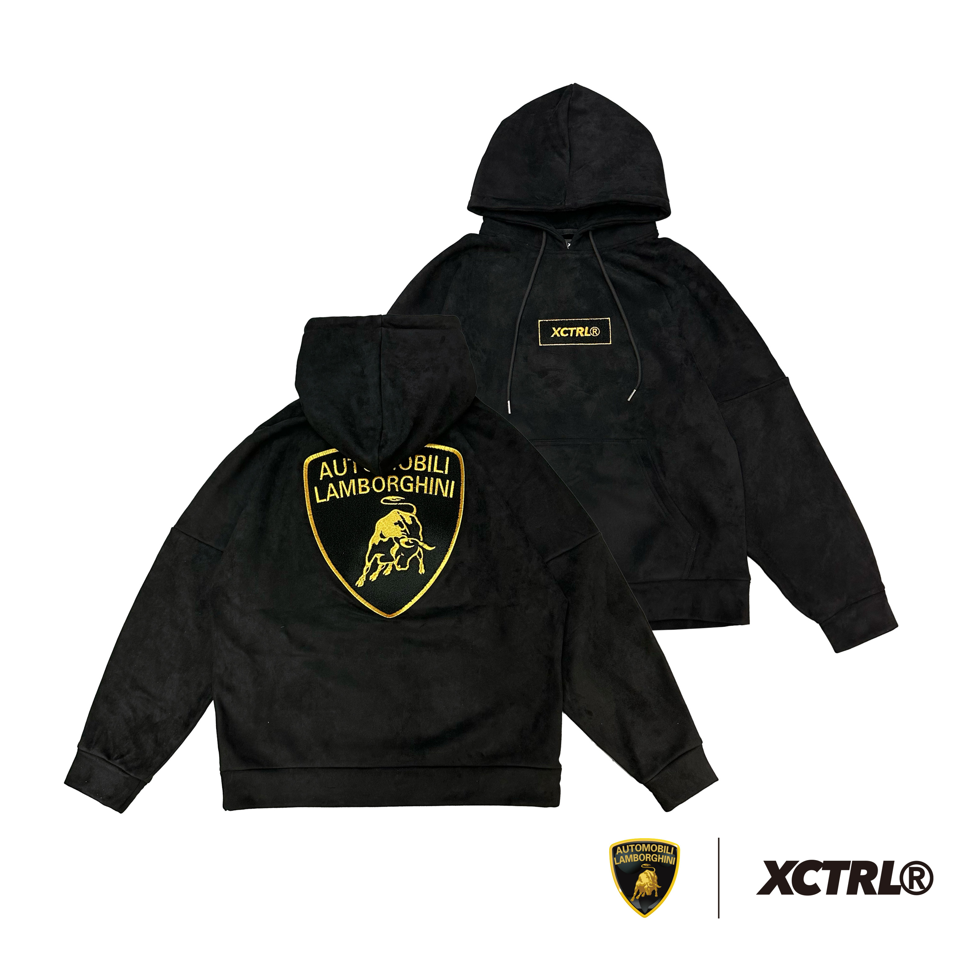 XCTRL®┃Lamborghini 毛巾繡標誌寬版帽T-黑┃麂皮絨 金線繡花設計