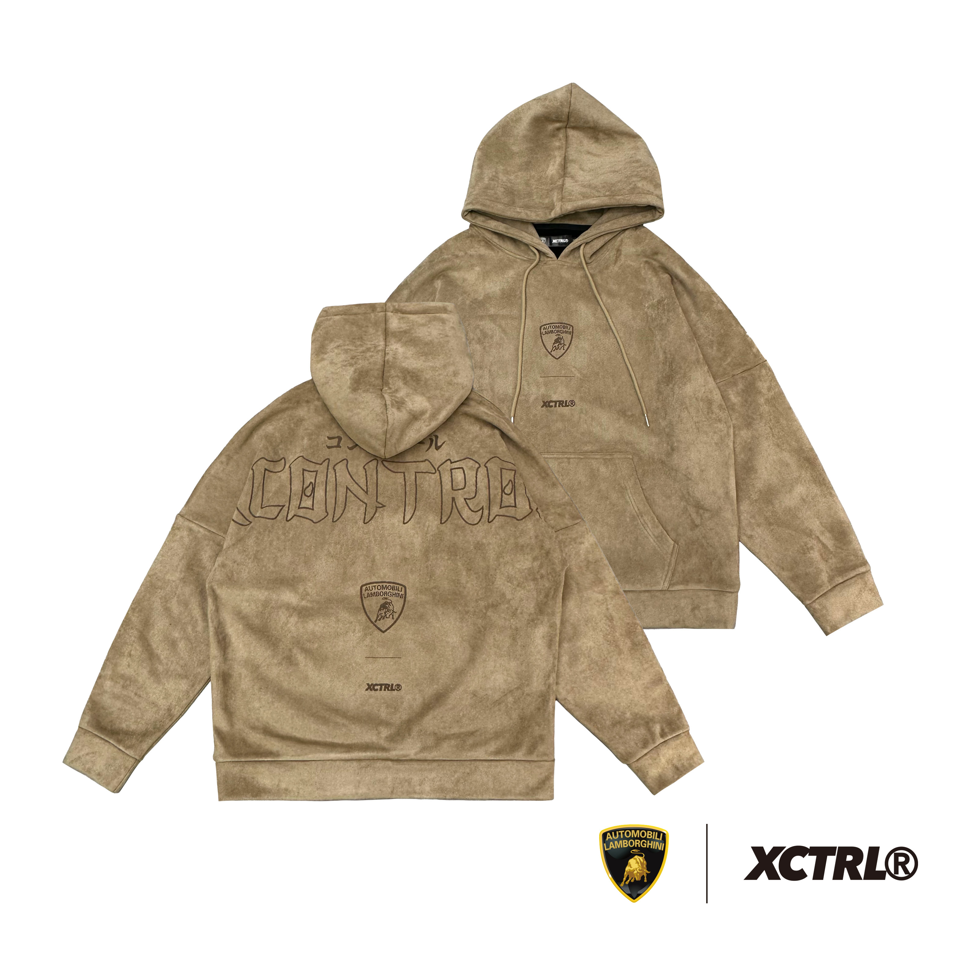 XCTRL®┃Lamborghini 橫跨字麂皮絨寬版帽T-淺褐┃麂皮絨 雷射電燒