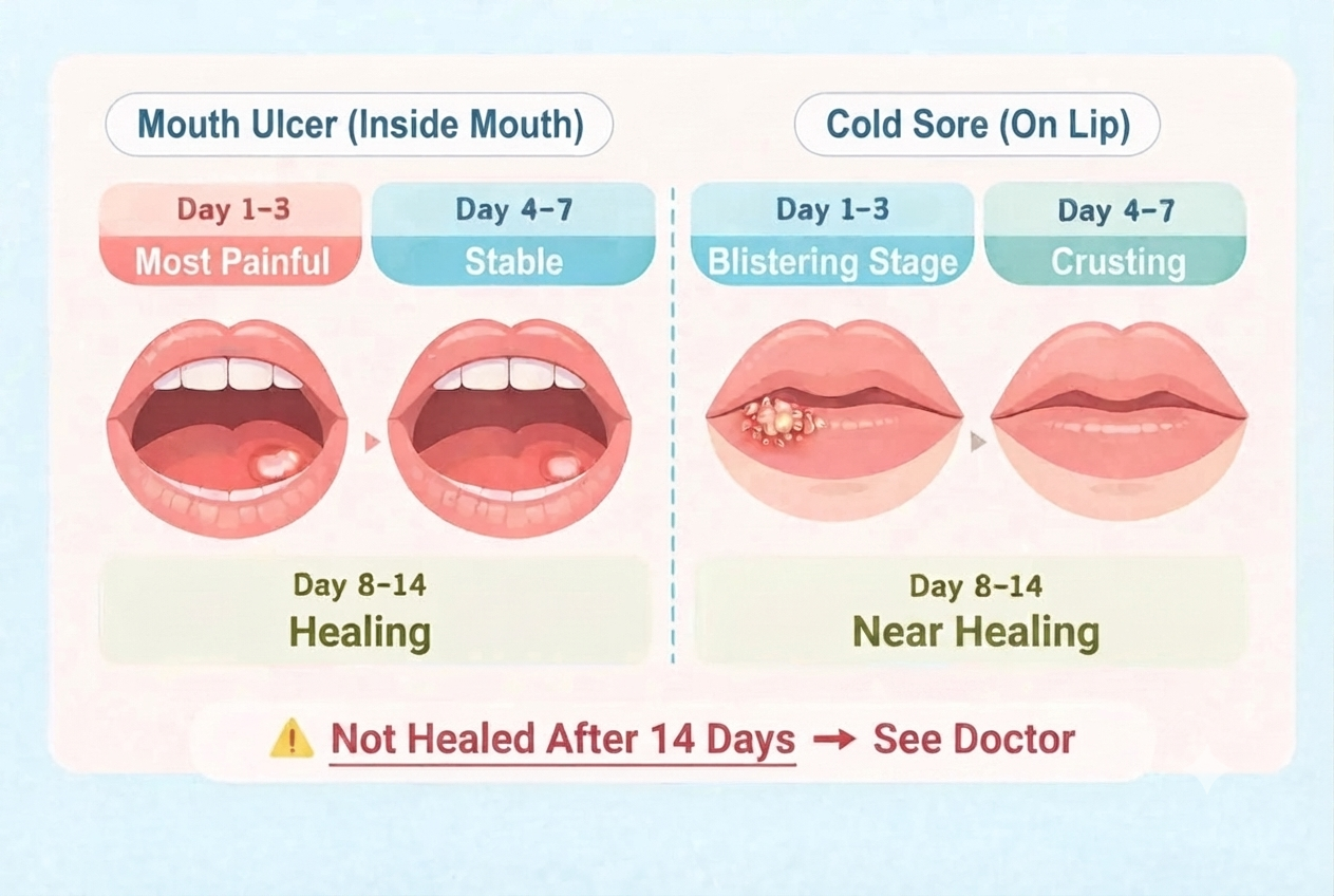 Healing timeline chart for mouth ulcers and cold sores showing recovery stages from day 1 to day 14.