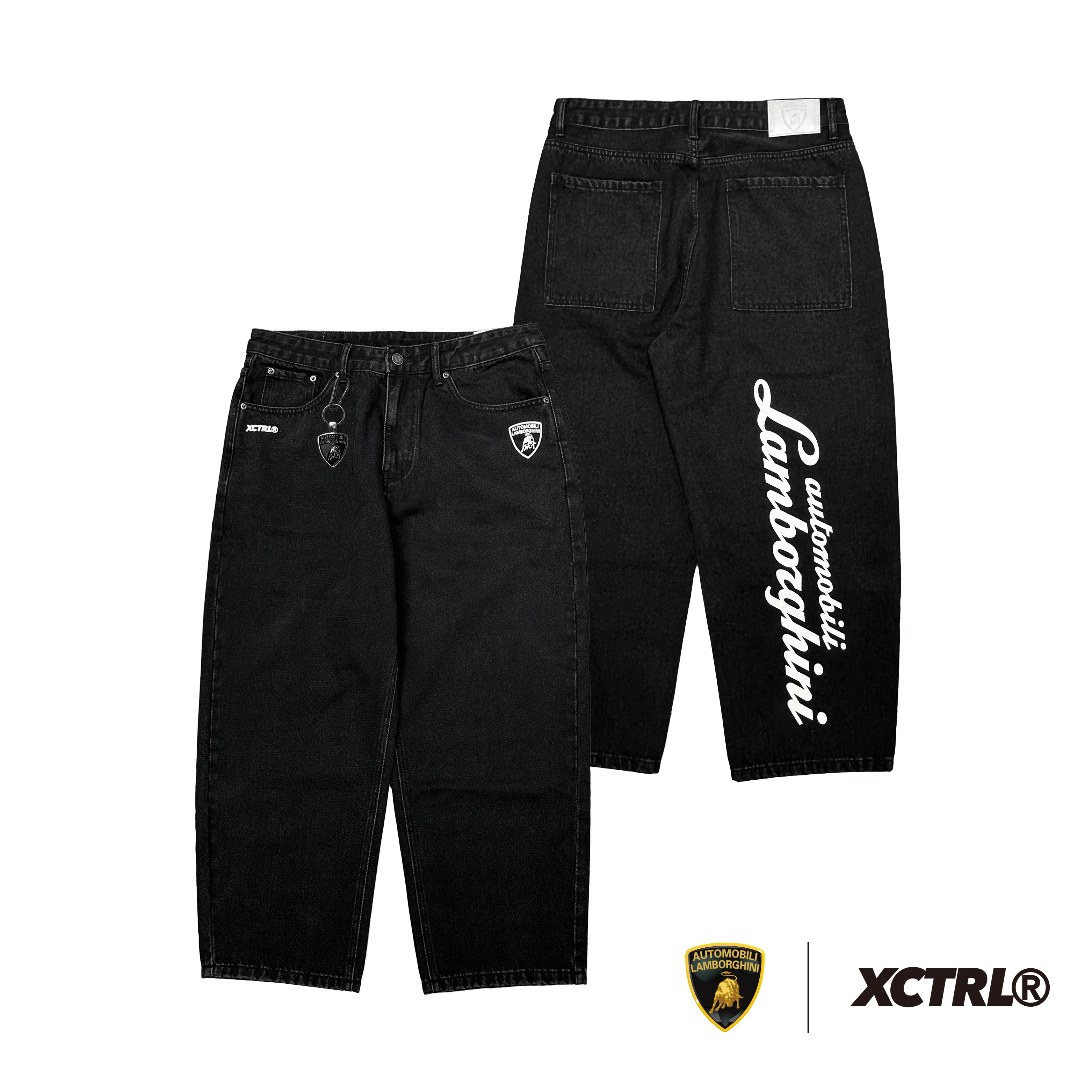 XCTRL®┃Lamborghini 簽名標誌牛仔褲-黑(附贈聯名鑰匙圈)┃硬挺 顯瘦