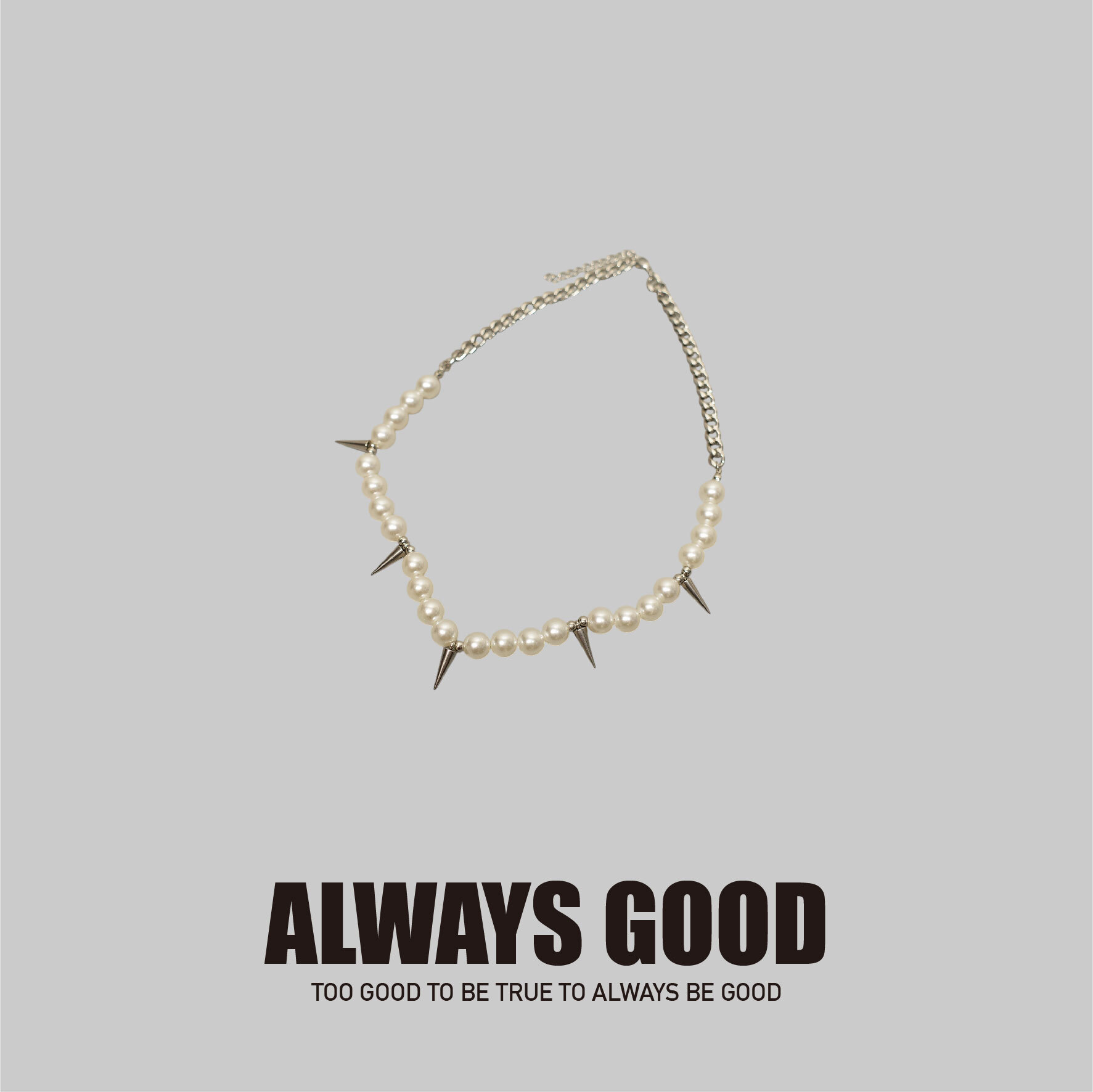 『Always_Good』珍珠 拼接 鉚釘 鈦鋼 項鍊
