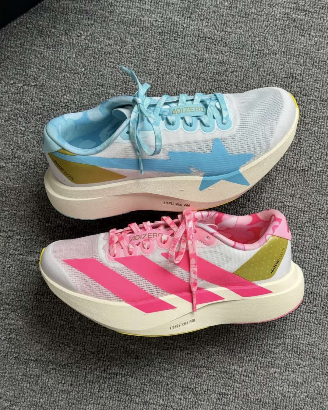 ADIDAS x BAPE ADIZERO EVO SL 藍粉鴛鴦鞋 不對稱 聯名款 跑鞋 運動鞋