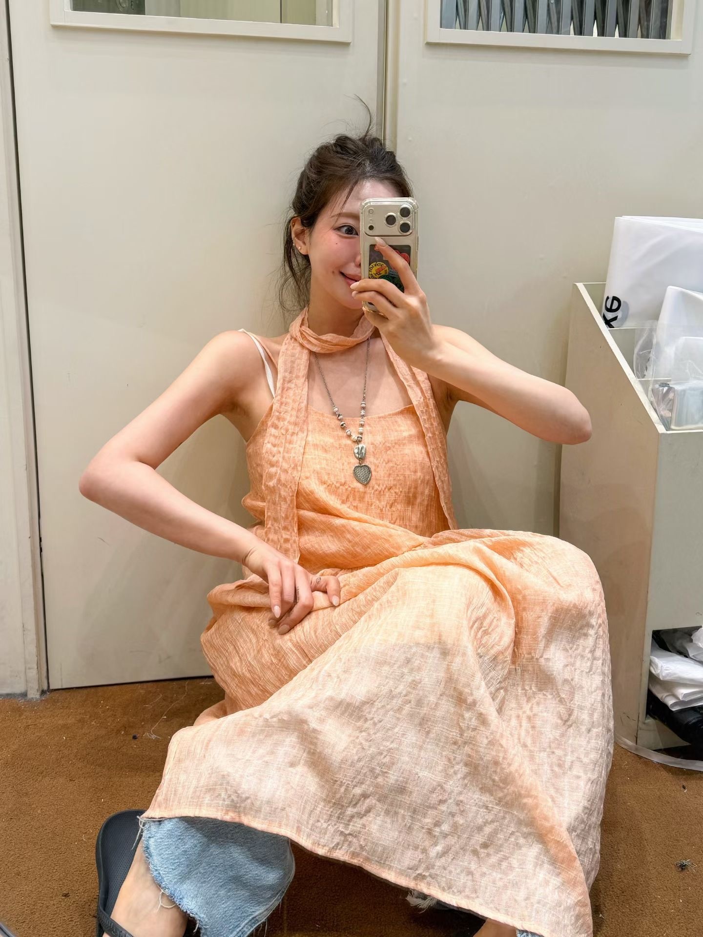 附巾吊帶棉麻長洋裝