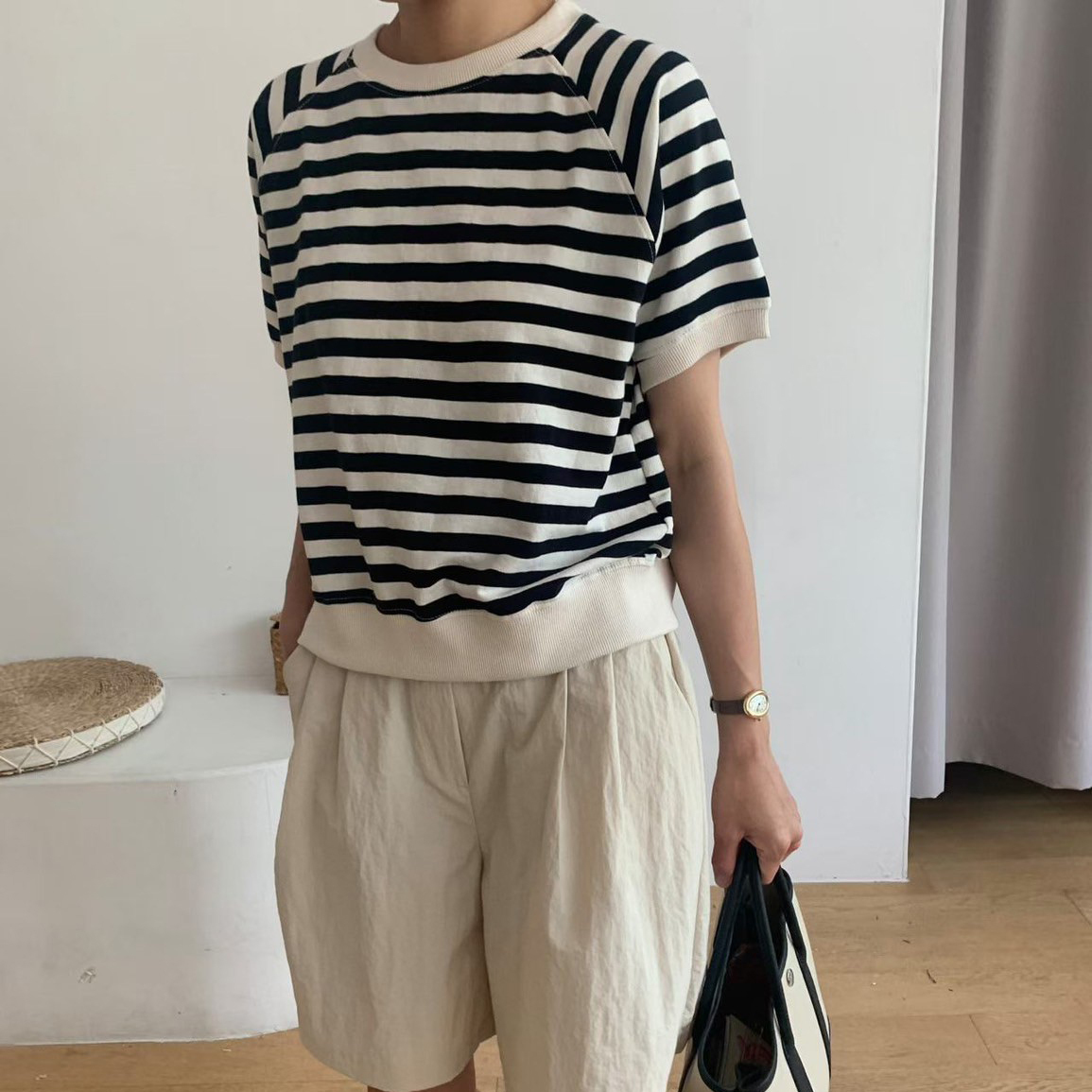 法式配色寬橫條紋圓領短袖上衣 / 3色