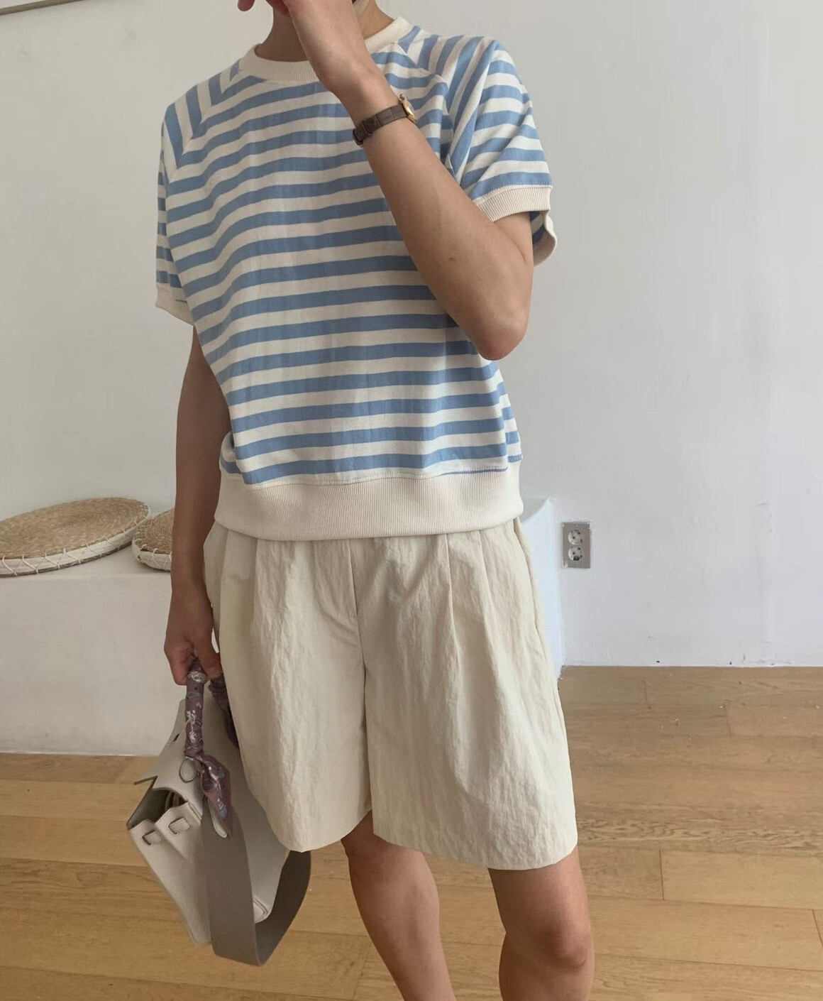 法式配色寬橫條紋圓領短袖上衣 / 3色