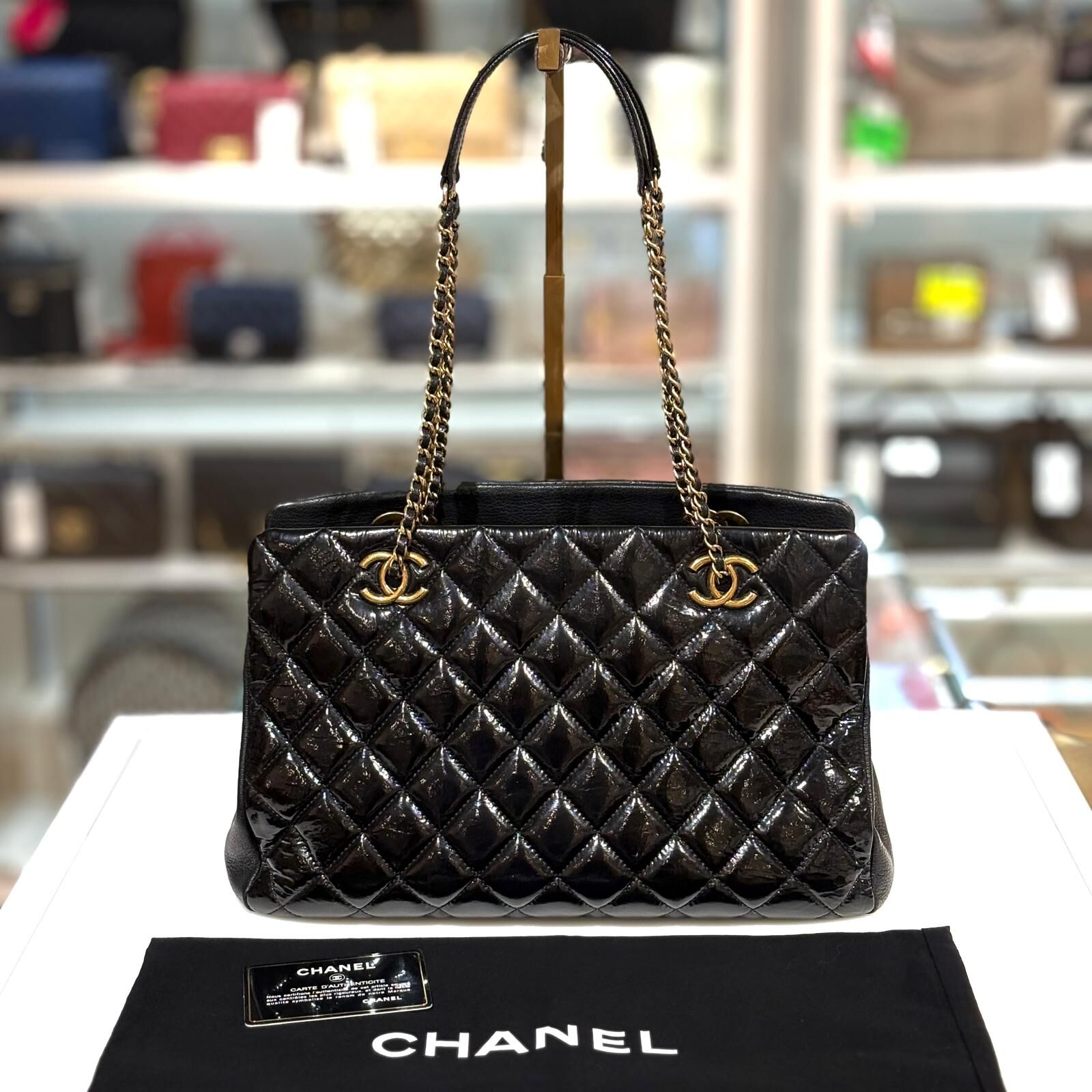 98%NEW二手CHANEL A92893 Chain Shoulder Bag 黑色漆皮拼牛皮金扣 @21開 #香榭站正品