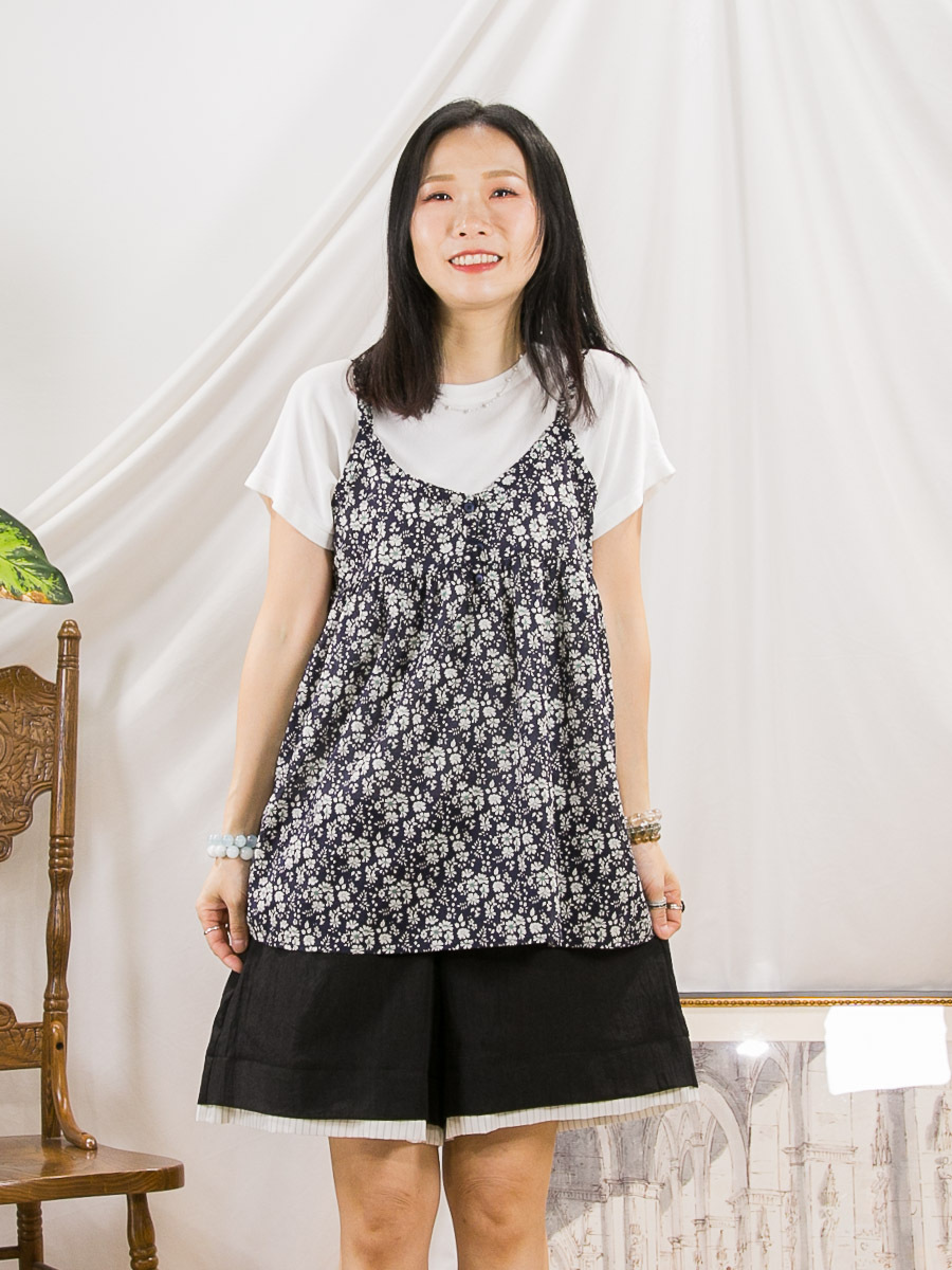 【SUMMER SALE 】領位扣鈕．花花PRINT．麻棉料吊帶背心【不設退換】