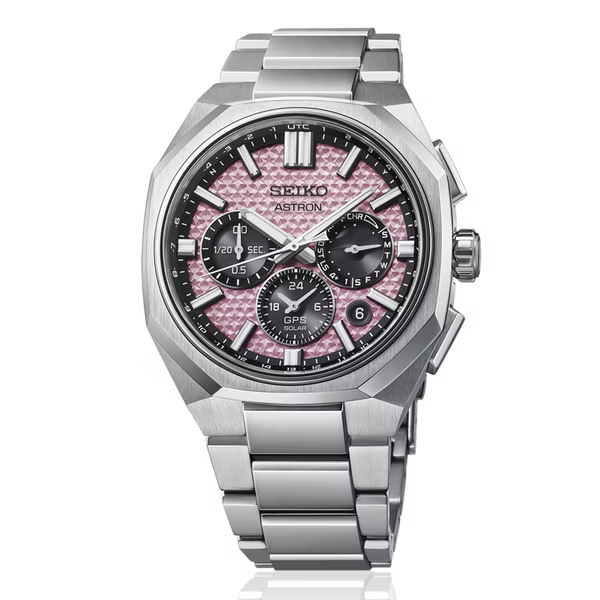 萬年鐘錶 - SEIKO ASTRON 太陽能GPS定位水晶粉色面鈦金屬雙時區男錶 HAB006J1 / 5X63-0AE0P 錶徑43.4MM