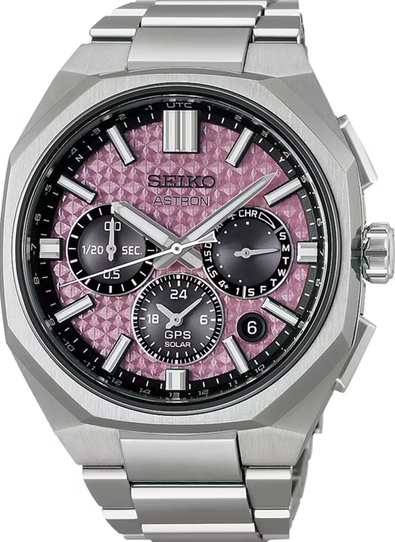 萬年鐘錶 - SEIKO ASTRON 太陽能GPS定位水晶粉色面鈦金屬雙時區男錶 HAB006J1 / 5X63-0AE0P 錶徑43.4MM