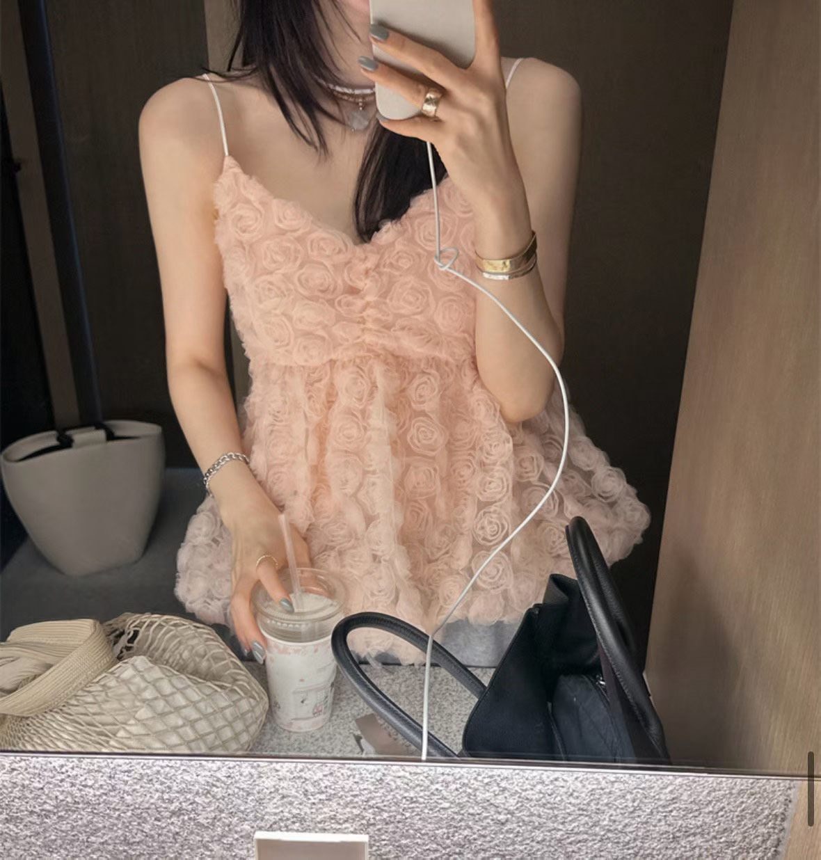 玫瑰花紗蓬蓬吊帶短背心