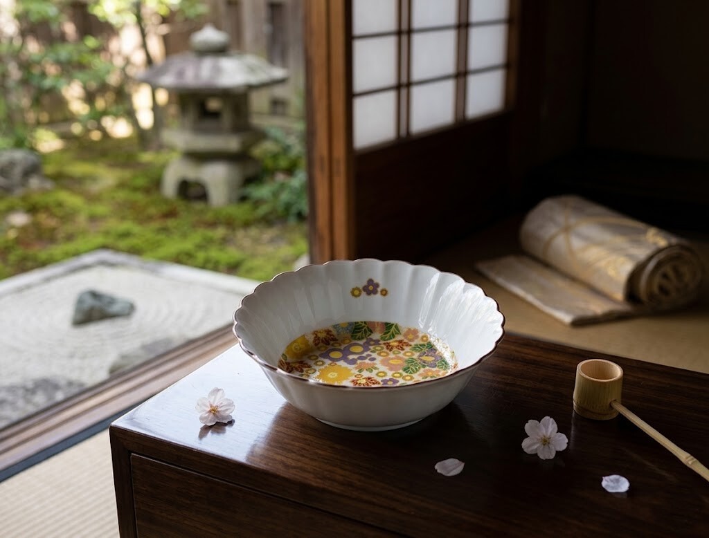 【日本九谷燒】著名作家 花詰工藝菊形大缽
