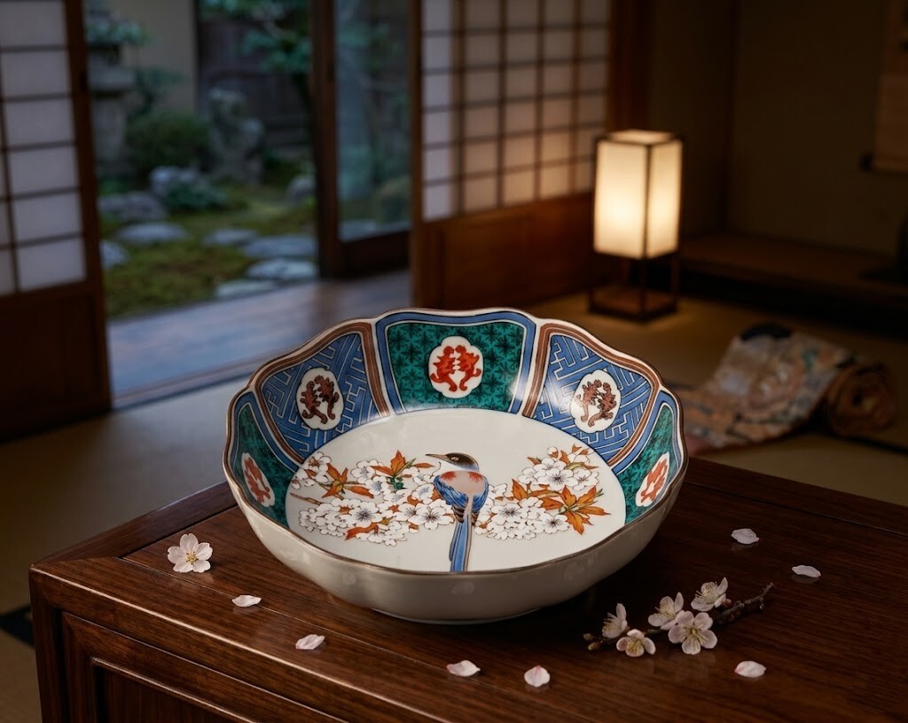【日本九谷燒】著名作家 古九谷花鳥圖輪花大缽