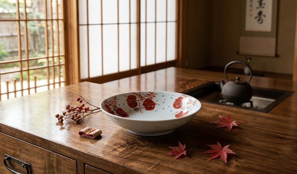 【日本九谷燒】著名作家 赤繪秋楓點彩大皿