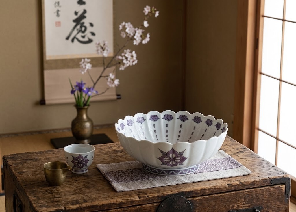 著名作家 紫彩幾何紋菊形大缽