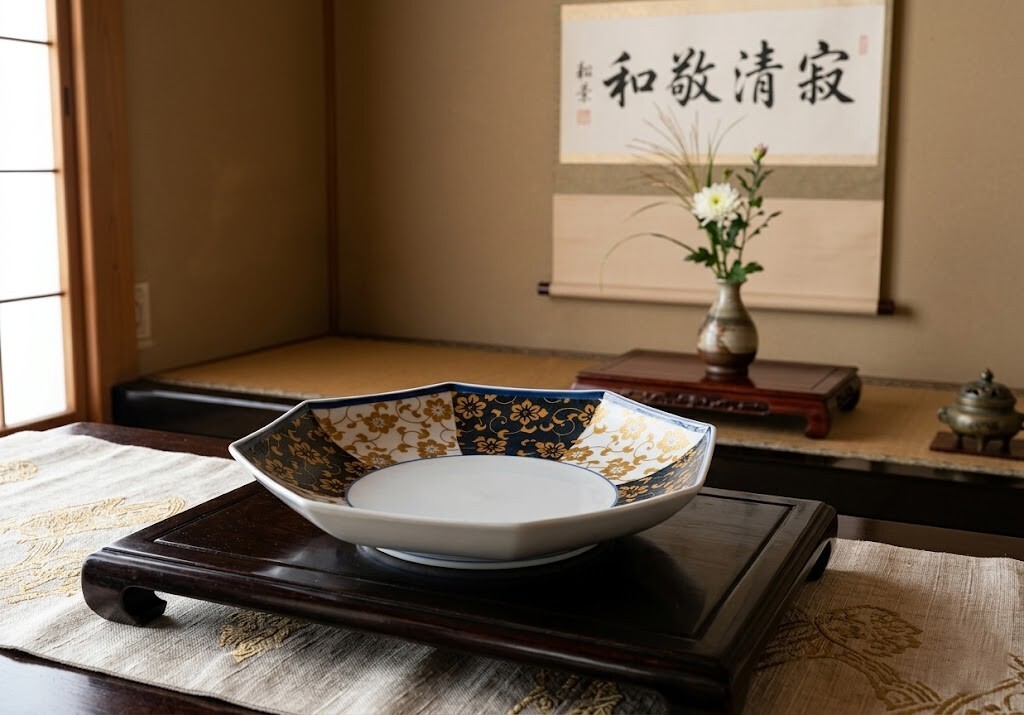 金彩開光唐草紋八角大皿