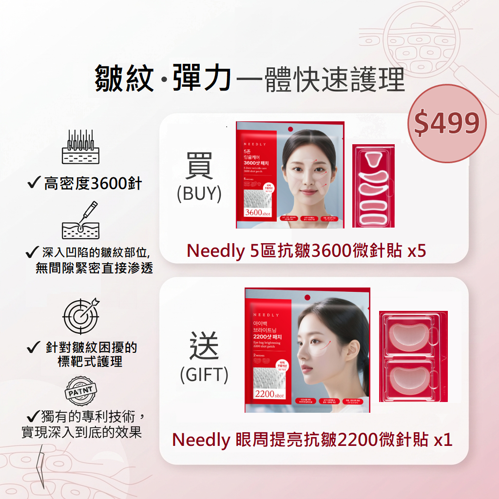 預訂8月下旬到【Needly 5區抗皺3600微針貼 贈送活動】