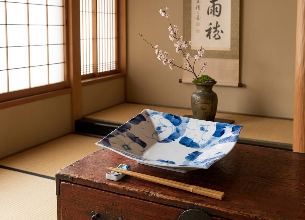 渲染青花山茶花．職人手繪四方盛缽