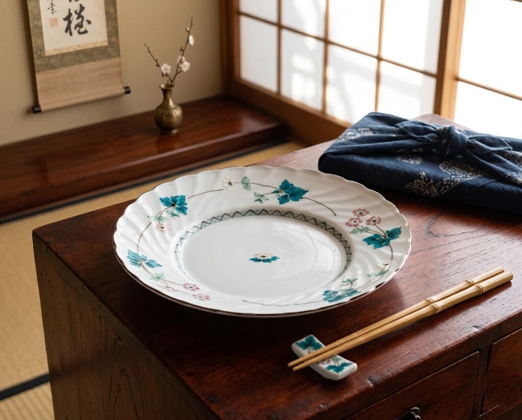 青綠芙蓉花蔓．菊花瓣雕紋宴席大盤