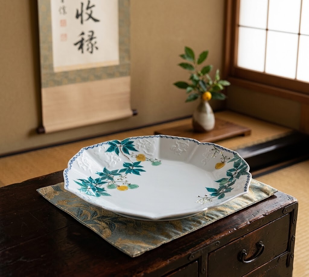 青華果實蔓生．陽刻浮雕輪花宴席大盤