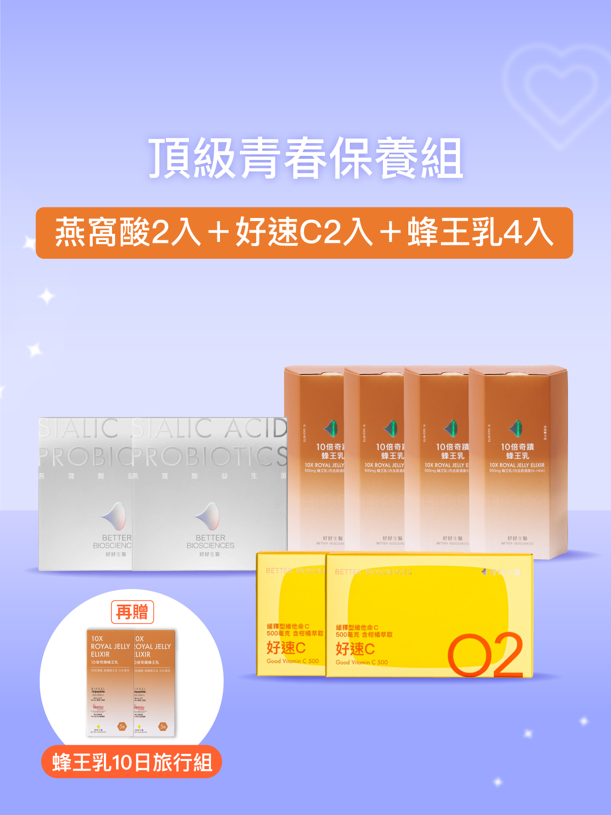 【頂級青春保養組】燕窩酸益生菌 白晝光版_2入 （60包）＋好速C_2入（60顆）+蜂王乳_4入（60包）