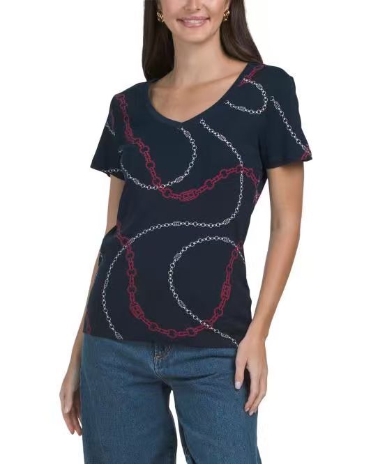 【直播】TOMMY HILFIGER LX070331 女裝鏈條印花V領短袖上衣 (深藍色)