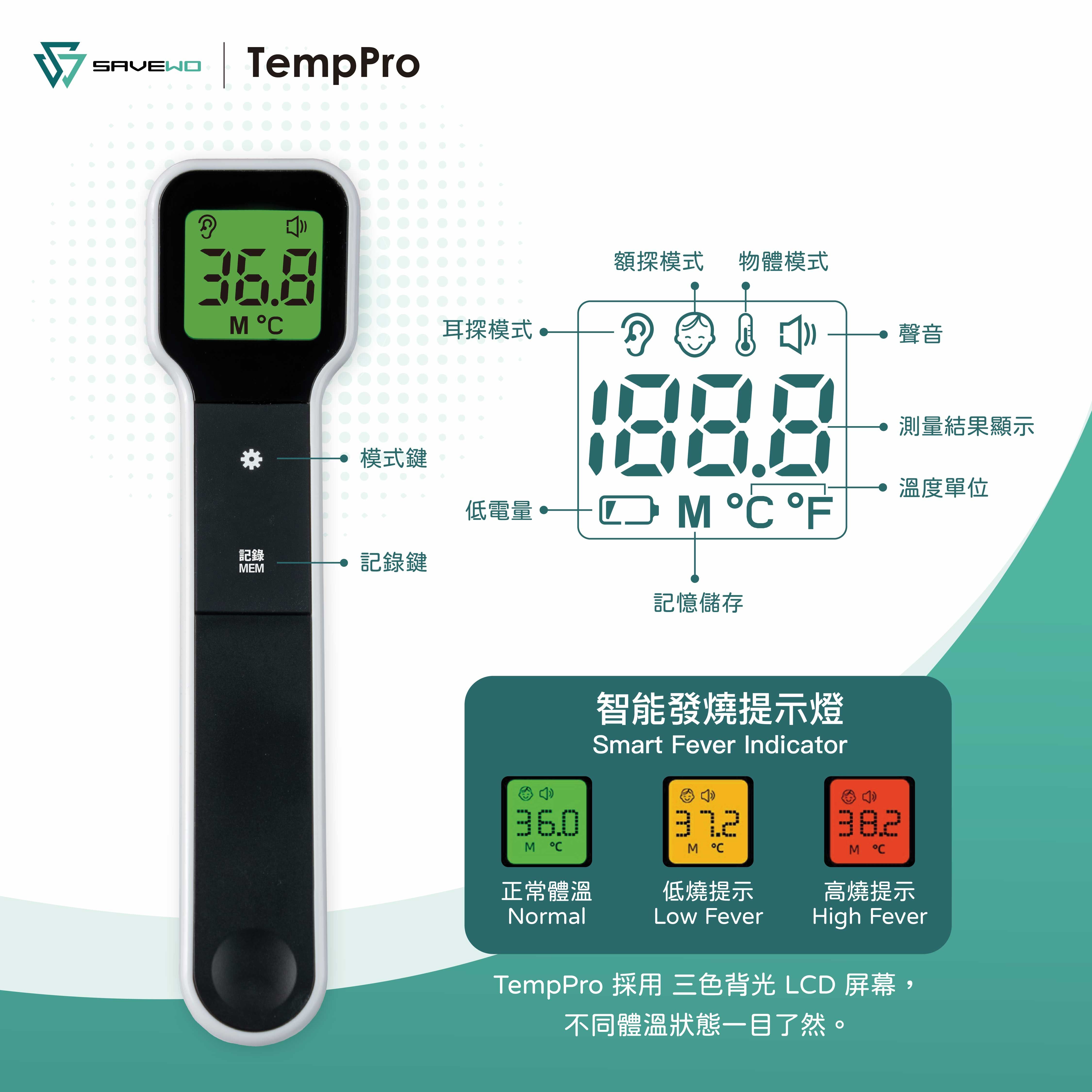 SAVEWO TempPro 醫療級三合一紅外線測溫槍 (耳額兩用)