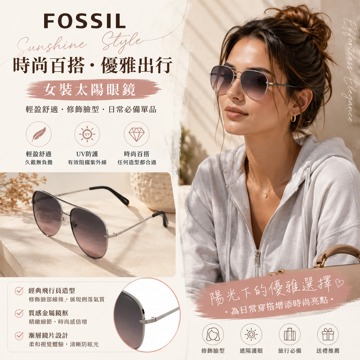 【預購】 FOSSIL H070313 女裝太陽眼鏡 (銀色框/粉黑漸變鏡片)