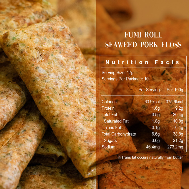 Fumi Roll Seaweed Pork Floss nutrition label — 63.9 kcal per roll (17g), 375.6 kcal per 100g