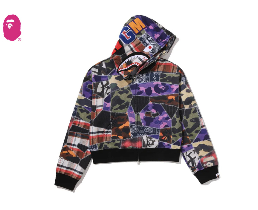 【BAPE女生】0704發售CRAZY PATCH BOXY CROPPED SHARK FULL ZIP HOODIE