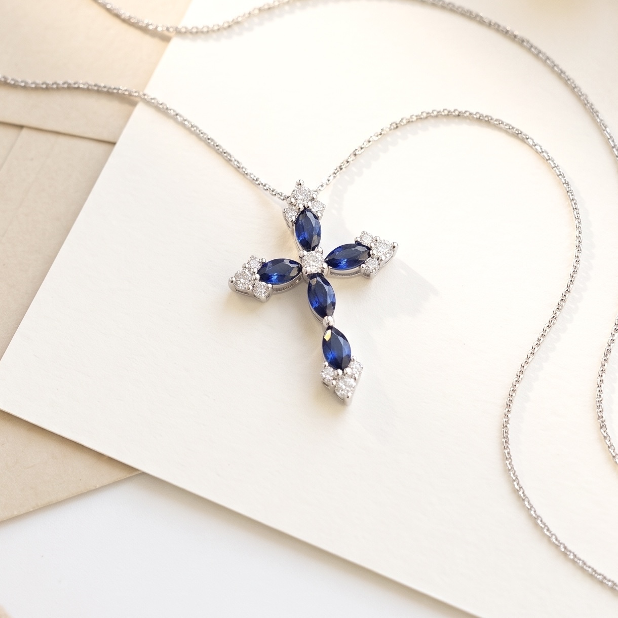 18K Gold Blue Sapphire Pendant with Diamonds setting - Cross