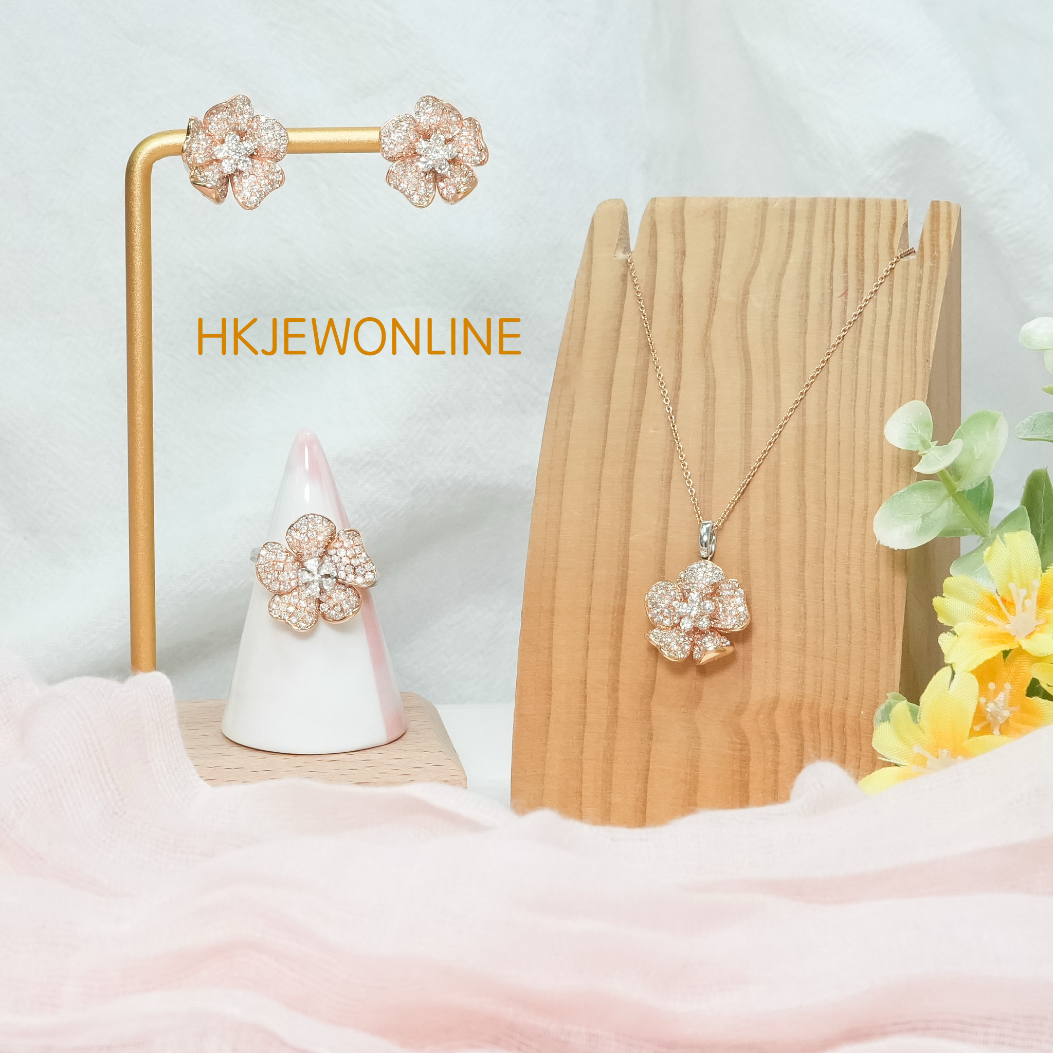 14K Rose Gold & White Gold Floral Diamond Set (Ring/ Pendant/ Earrings)