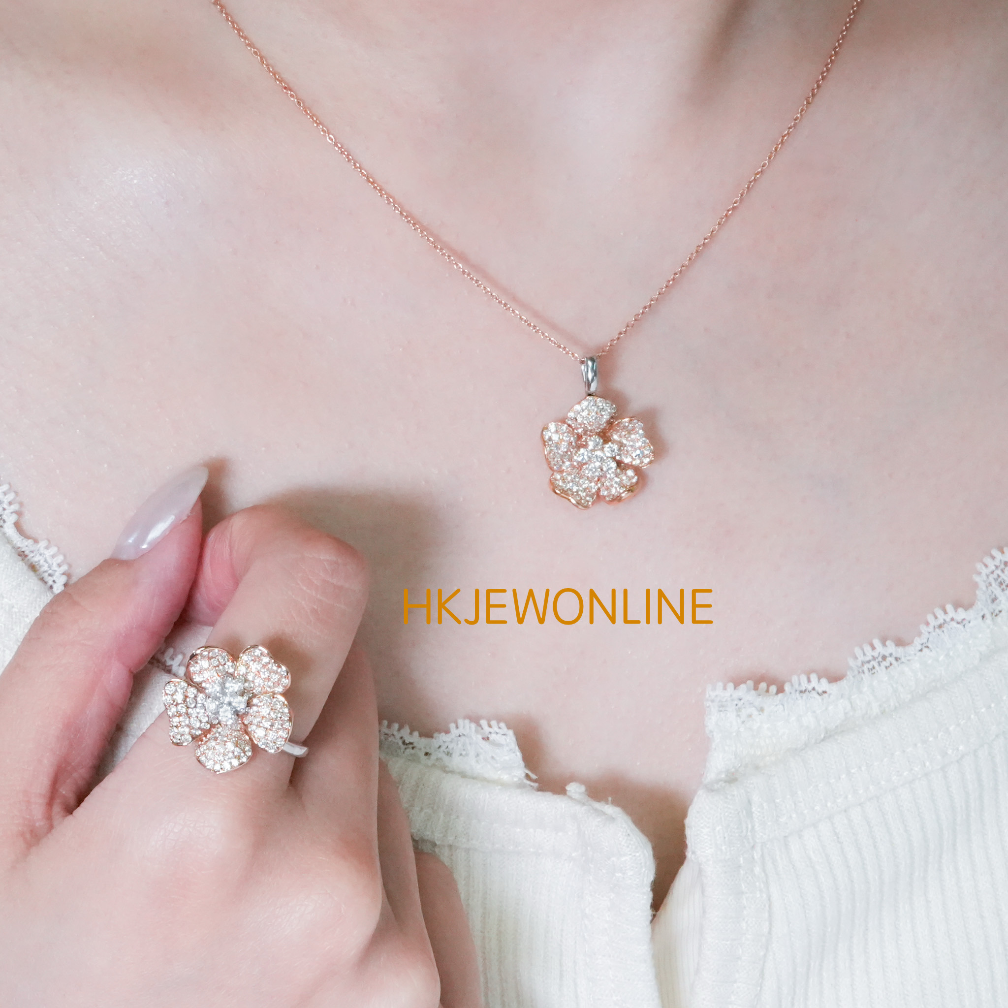 14K Rose Gold & White Gold Floral Diamond Set (Ring/ Pendant/ Earrings)