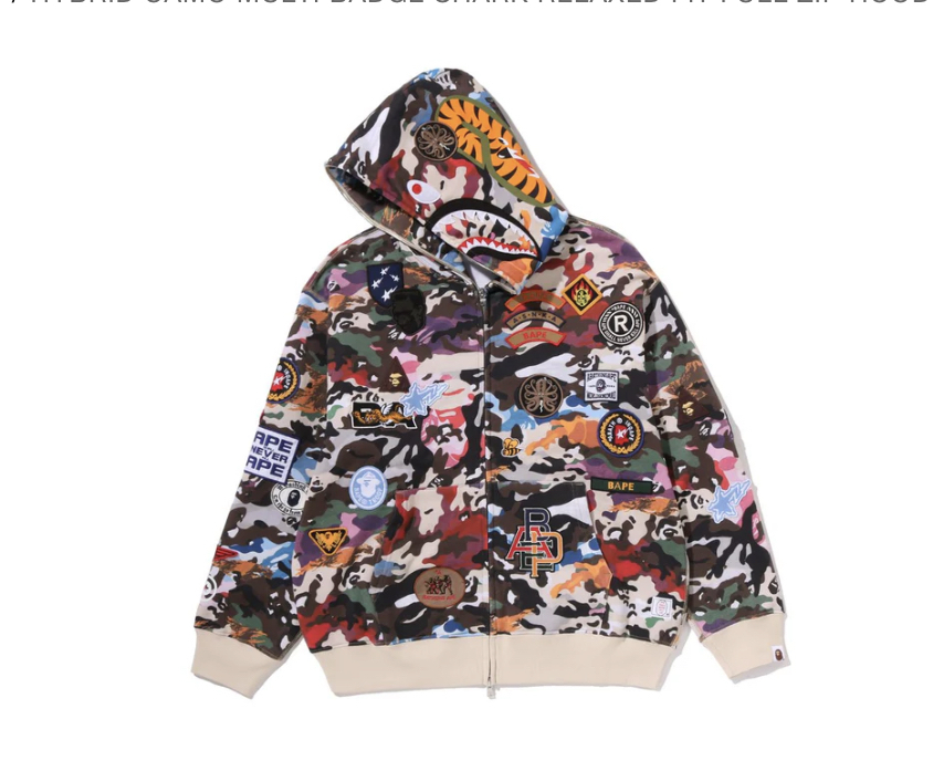 【BAPE男生】0704發售寬版HYBRID CAMO MULTI BADGE SHARK RELAXED FIT FULL ZIP HOODIE