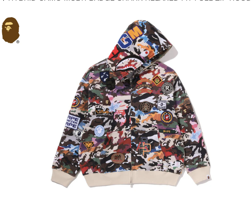 【BAPE男生】0704發售寬版HYBRID CAMO MULTI BADGE SHARK RELAXED FIT FULL ZIP HOODIE