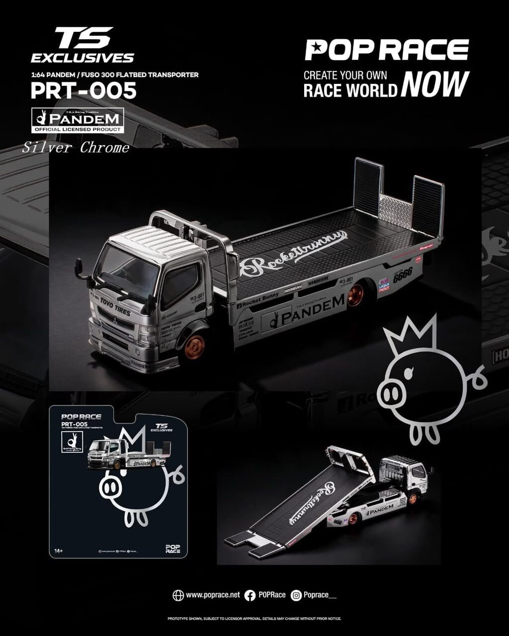 預訂PreOrder- Poprace 1/64 PANDEM FUSO 300 FLATBED TRANSPORTER SILVER CHROME PRT005