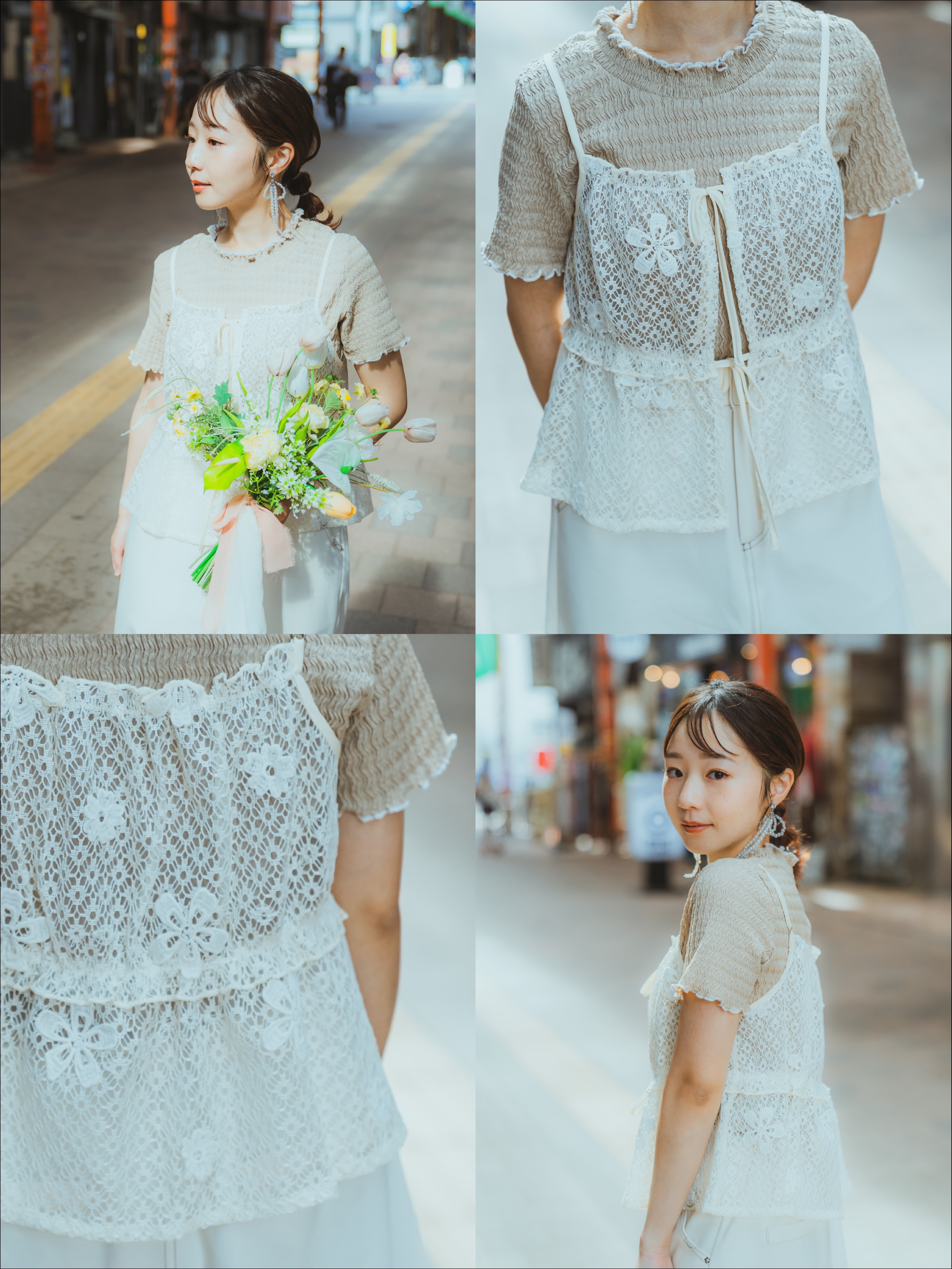 兩色 / 網織貼布花朵蝴蝶結馬甲 / Floral Appliqué Mesh Tie-Detail Peplum Cami
