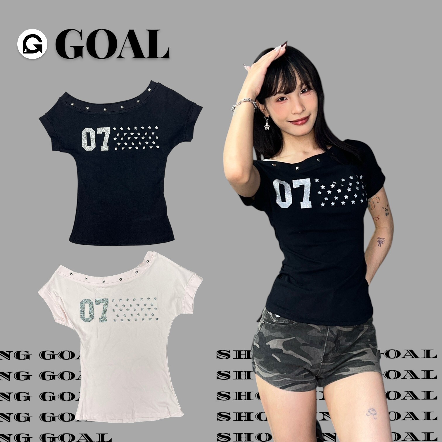 (GOAL) 美式星星鉚釘斜肩上衣 160