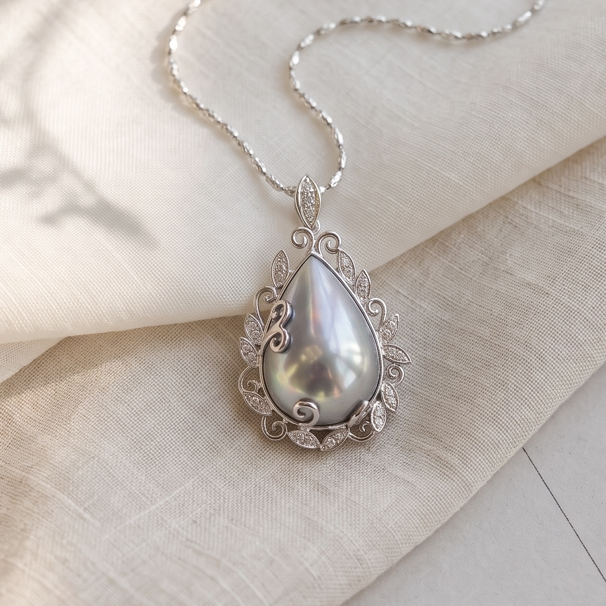 18K Gold Japanese Blue Mabe Pearl Diamonds Pendant- Vine