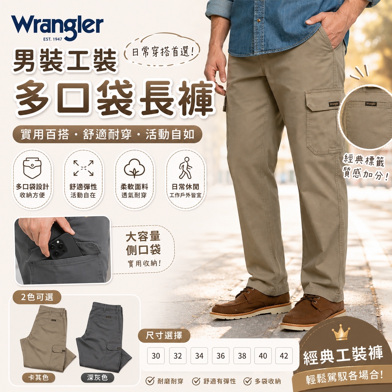 【預購】Wrangler H070302 男裝工裝長褲